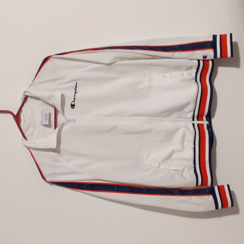Champion Jacket Women Large White Zipper Collared Sleeves Cuffs Red Blue Stripes